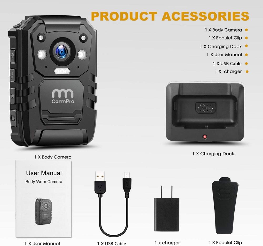 CammPro i826 Police Body Cam 1296P HD 128GB Premium Portable Body Worn Camera Recorder IP66 Waterproof With GPS Night Vision