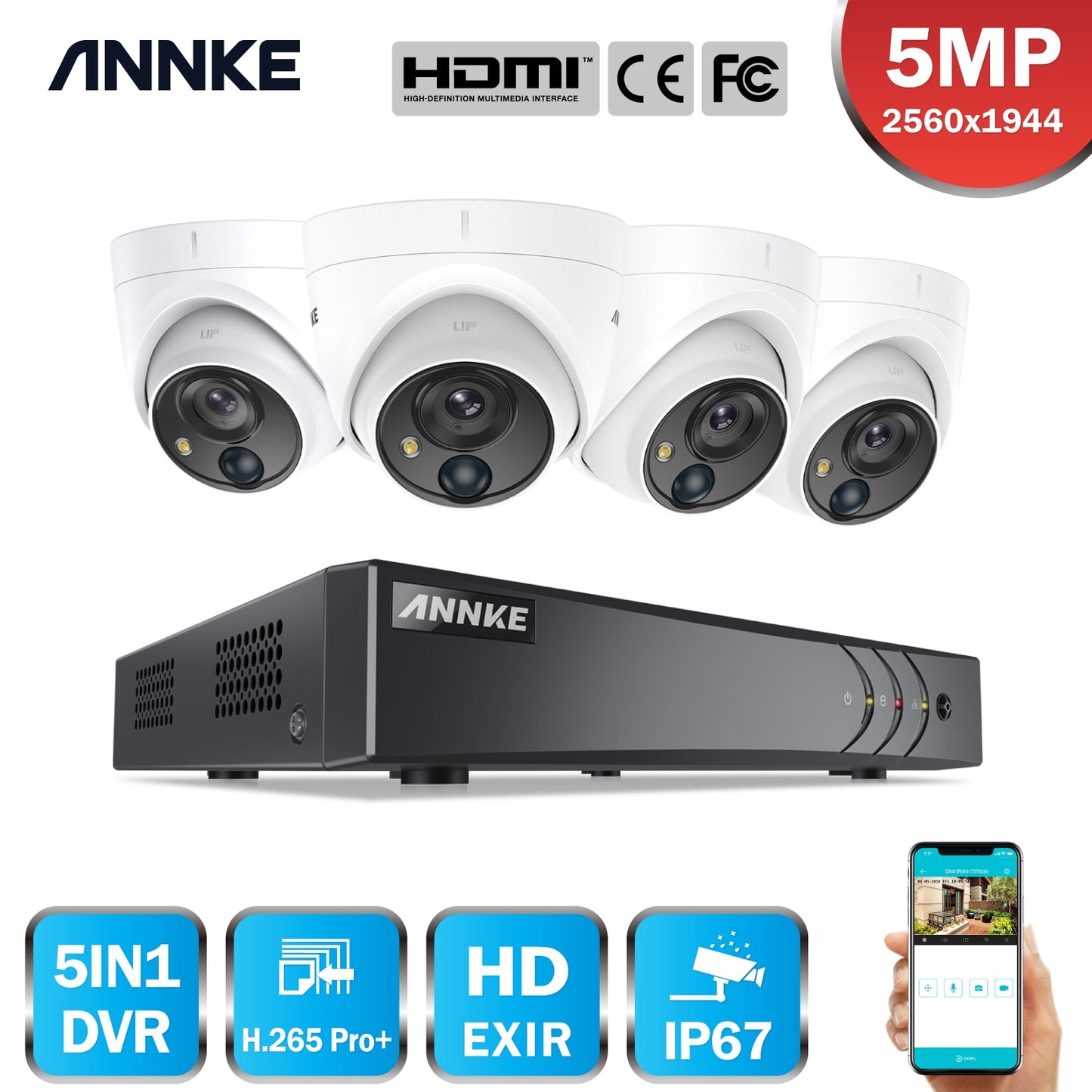 ANNKE 8CH 5MP Lite Video Security System 5IN1 H.265+ DVR With 4X 5MP PIR Detection Dome Waterproof Surveillance Cameras CCTV Kit