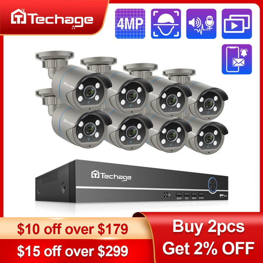 Techage 8CH HD 4MP POE NVR Kit CCTV Security System H.265 Face Detect Outdoor Audio Record IP Camera P2P Video Surveillance Set