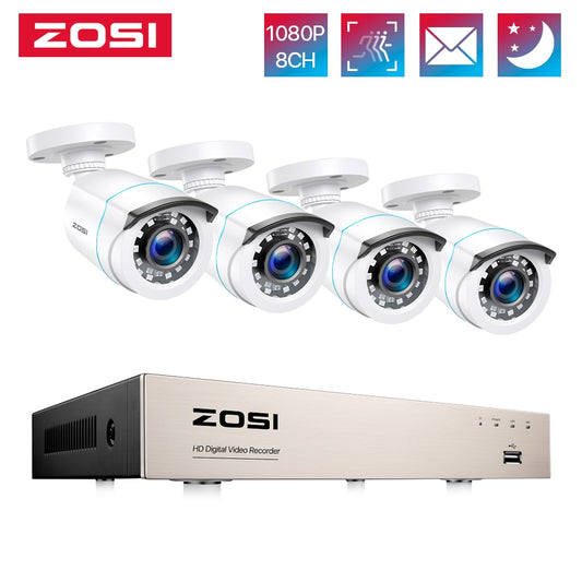 ZOSI Home Security System H.265+ 8CH DVR 4/8pcs 2.0MP 1080p Night Vision Outdoor Surveillance Waterproof Camera Kits