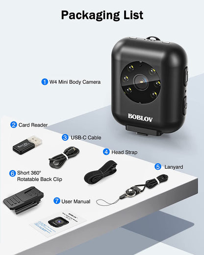 BOBLOV W4 Mini Body Worn Camera, 64GB 1080P Video Camera Battery 5hours Video Shooting Bodycam Police Head Mounted Cam