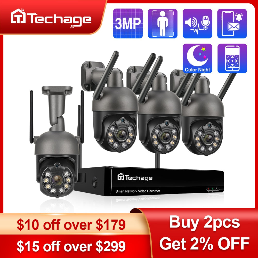 Techage 3MP PTZ Wireless CCTV System Two Way Audio WIFI IP Security Camera 8CH P2P NVR Video Surveillance Kit Human Auto Track