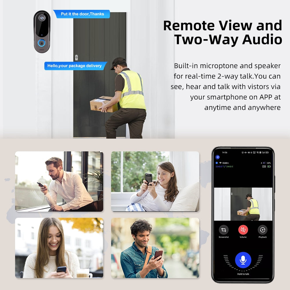 Video Intercom Doorbell WiFi Wireless Door Bell Camera Battery Powered 2-way Audio Outdoor Waterproof Security Camera Doorbell